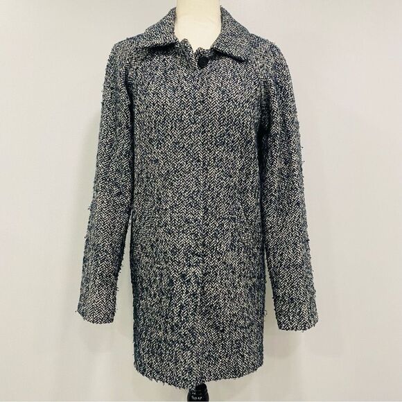 JACK WILLS 2 Womens Navy Blue Fuzzy Wool Tweed Herringbone Pea Coat Academia - Picture 1 of 16